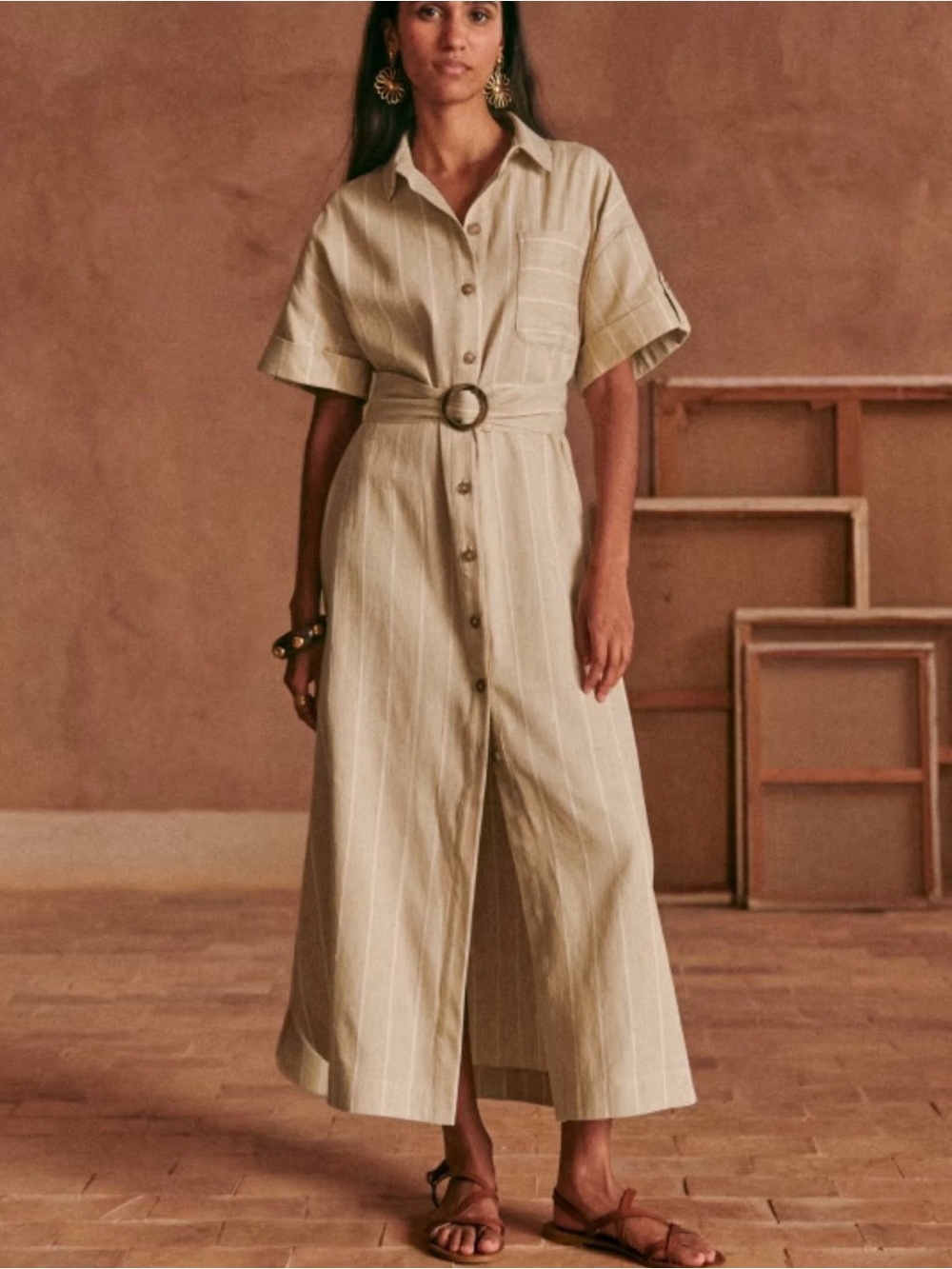Sezane Alani Belted Cream-Striped Shirtdress